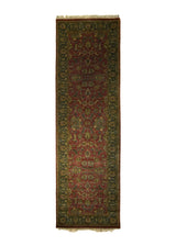 Oriental Rug Indian Handmade Runner Transitional 3'1"x9'11" (3x10) Red Green Tea Washed Floral Design #A11695