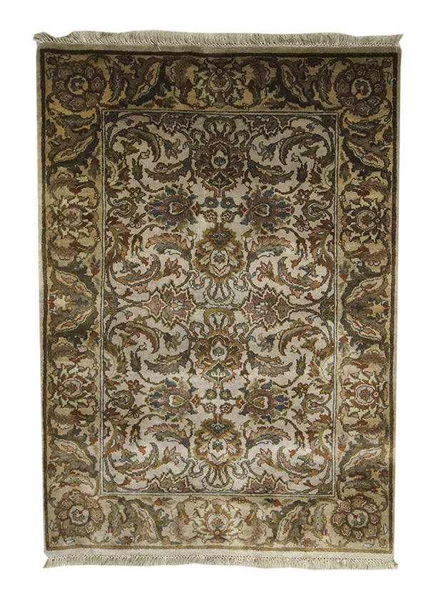 Oriental Rug Indian Handmade Area Transitional 4'2"x5'6" (4x6) Whites/Beige Yellow/Gold Green Tea Washed Floral Design #A11779