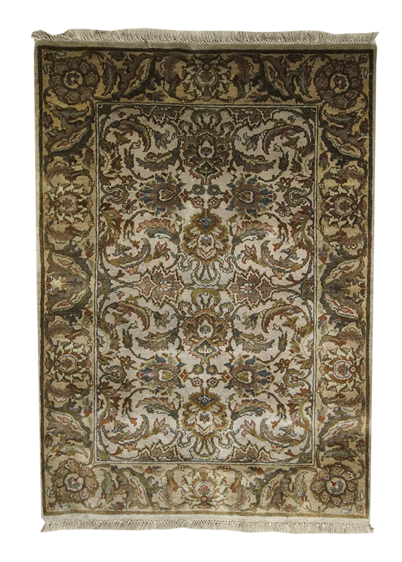 Oriental Rug Indian Handmade Area Transitional 4'2"x5'6" (4x6) Whites/Beige Yellow/Gold Green Tea Washed Floral Design #A11779