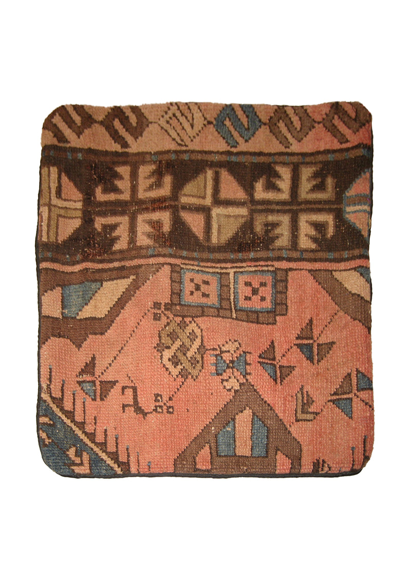 Persian Rug Hamadan Handmade Pillow Antique 1'3"x1'5" (1x1) Pink Brown Geometric Design #A11833