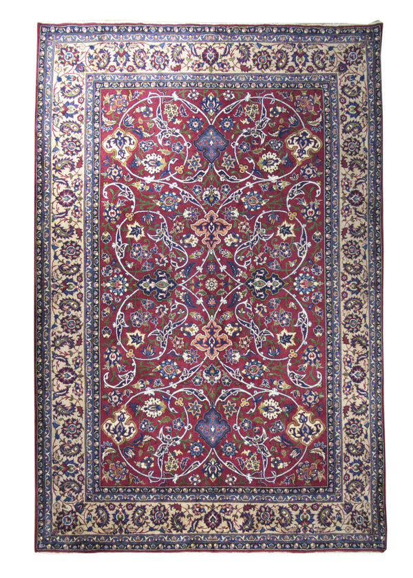 Persian Rug Yazd Handmade Area Traditional 6'7"x9'11" (7x10) Red Whites/Beige Floral Design #A11859