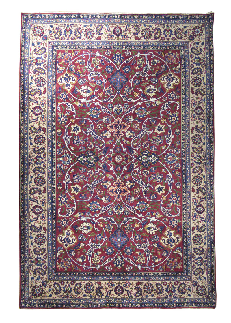 Persian Rug Yazd Handmade Area Traditional 6'7"x9'11" (7x10) Red Whites/Beige Floral Design #A11859