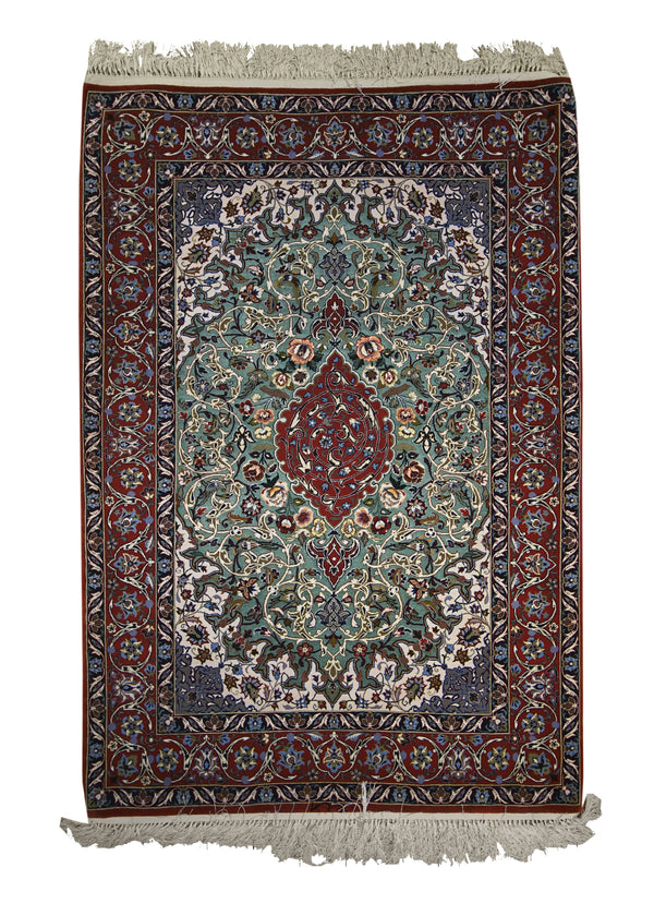Persian Rug Isfahan Handmade Area Traditional 3'8"x5'2" (4x5) Green Red Floral Design #A12033
