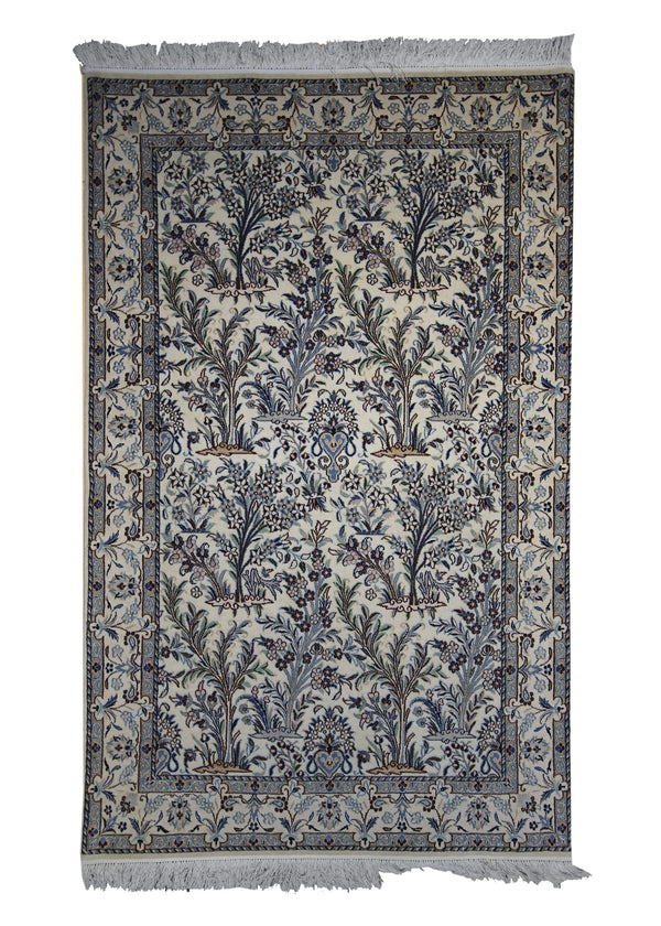 Persian Rug Nain Handmade Area Traditional 3'1"x5'0" (3x5) Whites/Beige Blue Floral Design #A12374