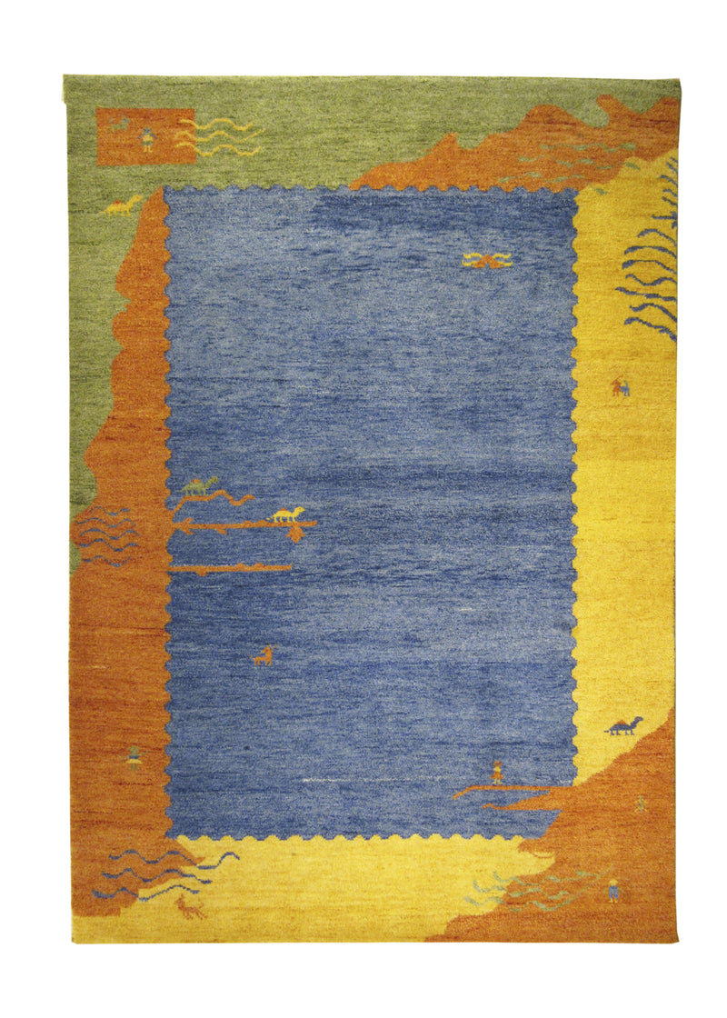 Oriental Rug Indian Handmade Area Transitional Tribal 5'6"x7'11" (6x8) Blue Multi-color Gabbeh Geometric Design #A12685
