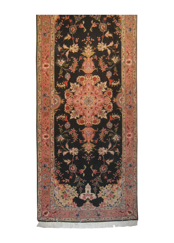 Persian Rug Tabriz Handmade Runner Traditional 2'8"x6'7" (3x7) Black Pink Floral Naghsh Design #A12897