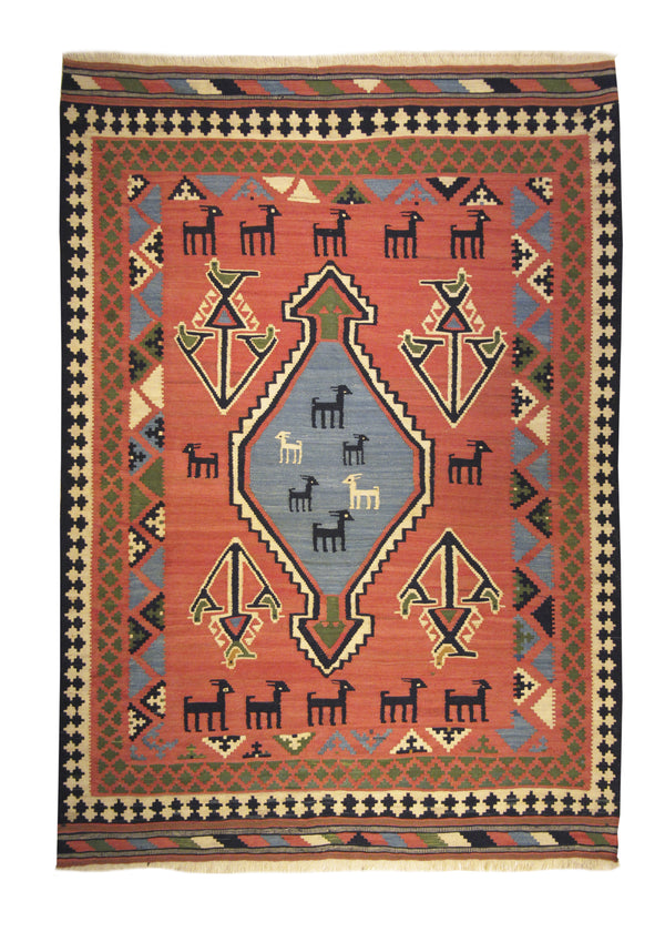 Persian Rug Shiraz Handmade Area Tribal 5'6"x7'6" (6x8) Red Blue Kilim Geometric Animals Design #A13069