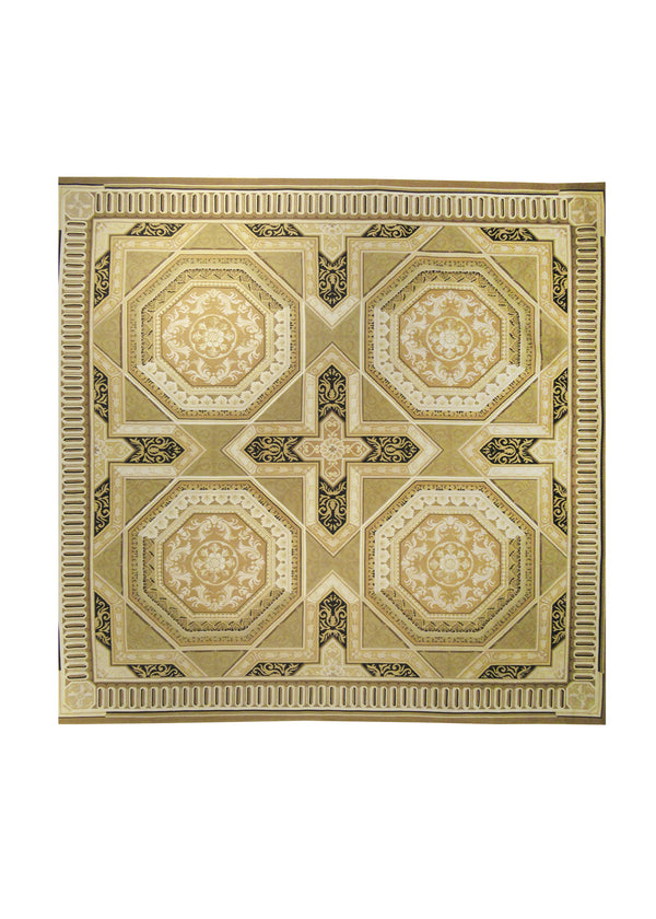Oriental Rug Chinese Handmade Square Traditional 10'0"x10'0" (10x10) Yellow/Gold Brown Aubusson Geometric Design #A13076