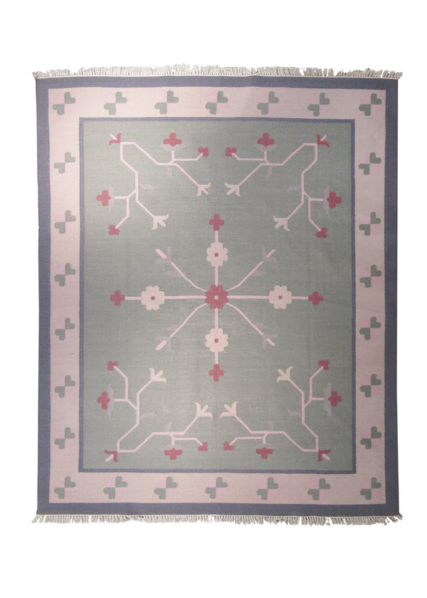 Oriental Rug Indian Handmade Area Tribal 8'1"x9'10" (8x10) Green Whites/Beige Dhurrie Floral Design #A13156