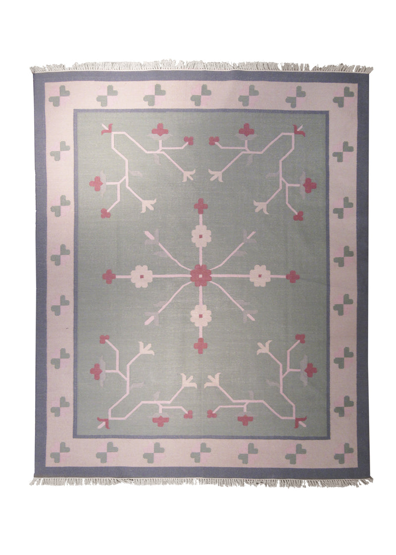 Oriental Rug Indian Handmade Area Tribal 8'1"x9'10" (8x10) Green Whites/Beige Dhurrie Floral Design #A13156