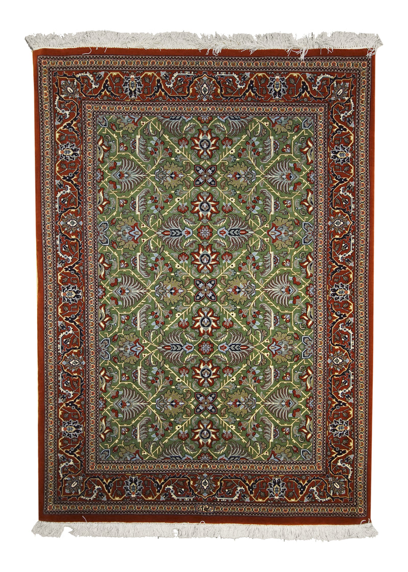 Persian Rug Qum Handmade Area Traditional 3'7"x5'0" (4x5) Green Red Geometric Design #A13461