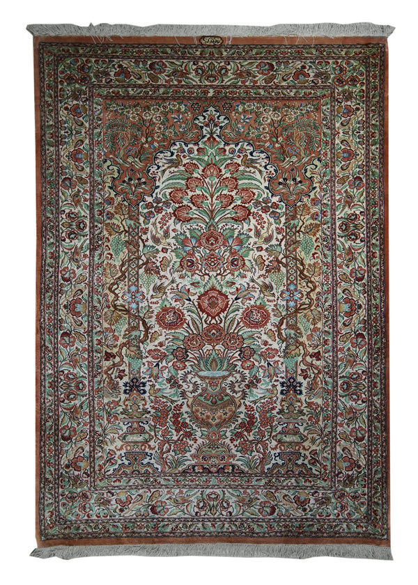 Persian Rug Qum Handmade Area Traditional 3'6"x5'0" (4x5) Whites/Beige Orange Green Tree of Life Animals Design #A13540