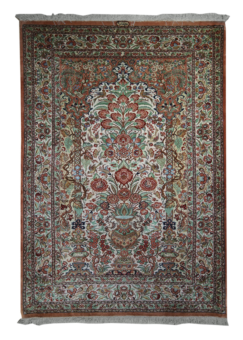 Persian Rug Qum Handmade Area Traditional 3'6"x5'0" (4x5) Whites/Beige Orange Green Tree of Life Animals Design #A13540