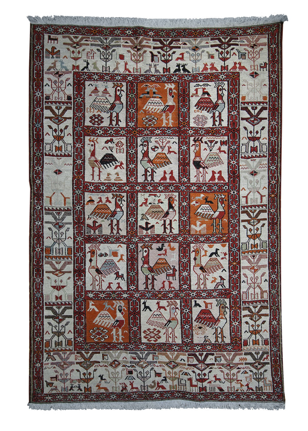 Persian Rug Azerbaijan Handmade Area Tribal 3'6"x4'11" (4x5) Red Whites/Beige Kilim Garden Design #A13608