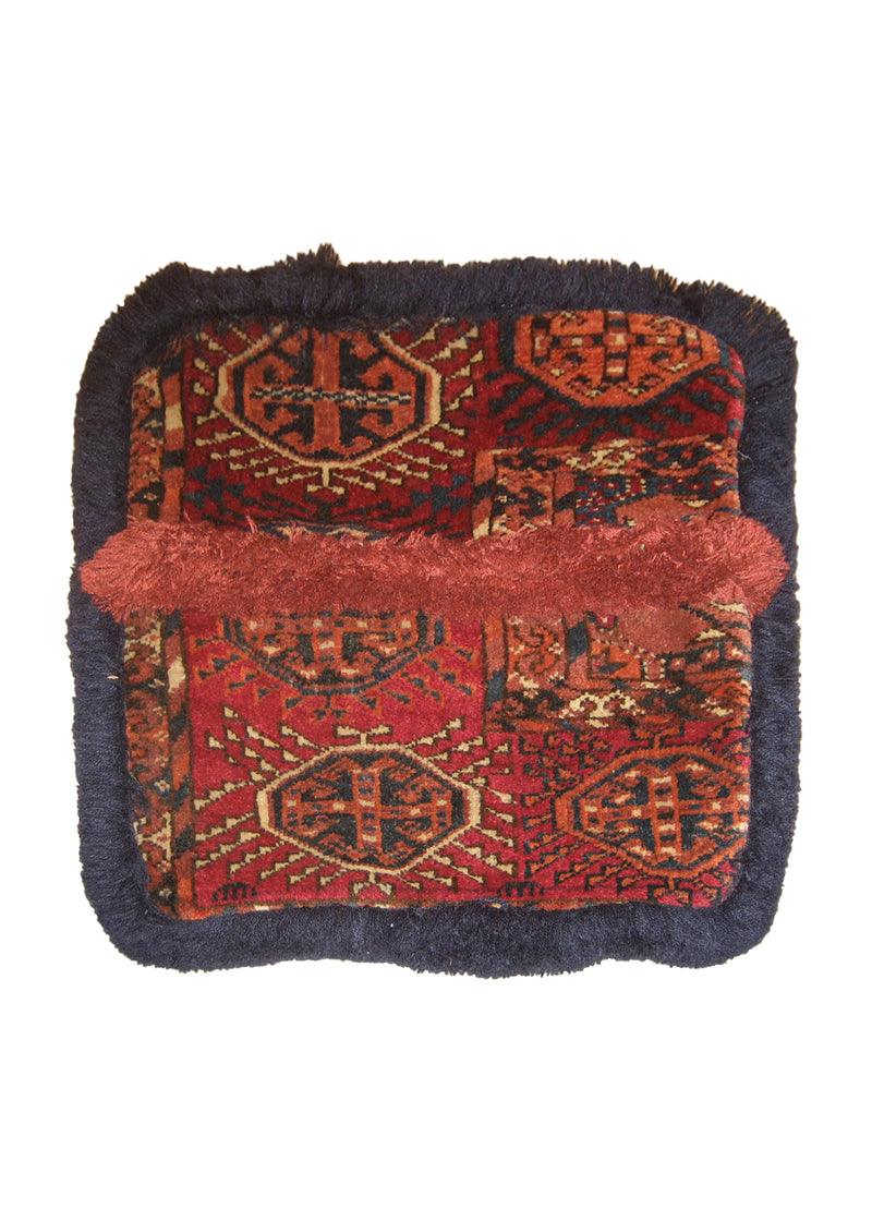 Persian Rug Turkmen Handmade Pillow Antique 1'5"x1'5" (1x1) Blue Red Geometric Design #A13694