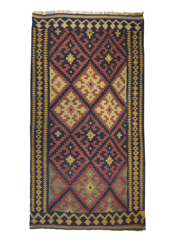 Persian Rug Shiraz Handmade Area Tribal 4'0"x7'9" (4x8) Red Yellow/Gold Kilim Geometric Design #A14303