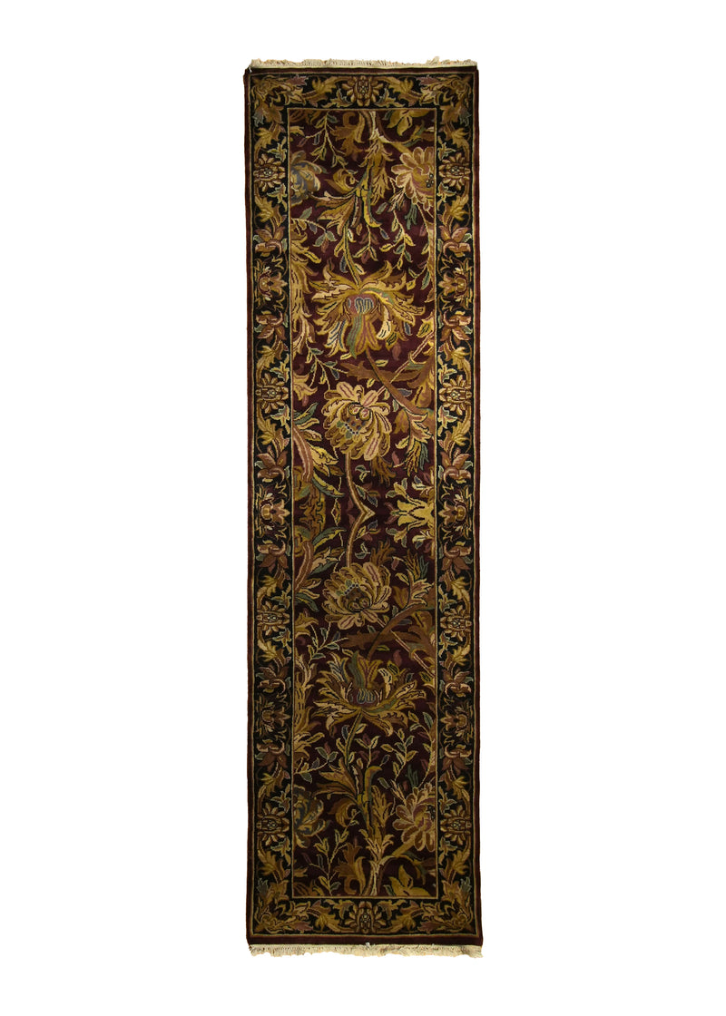 Oriental Rug Indian Handmade Runner Transitional 2'8"x9'11" (3x10) Red Black Tea Washed Design #A14364