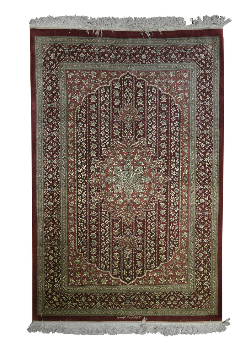 Persian Rug Qum Handmade Area Traditional 3'4"x5'0" (3x5) Red Floral Design #A14662