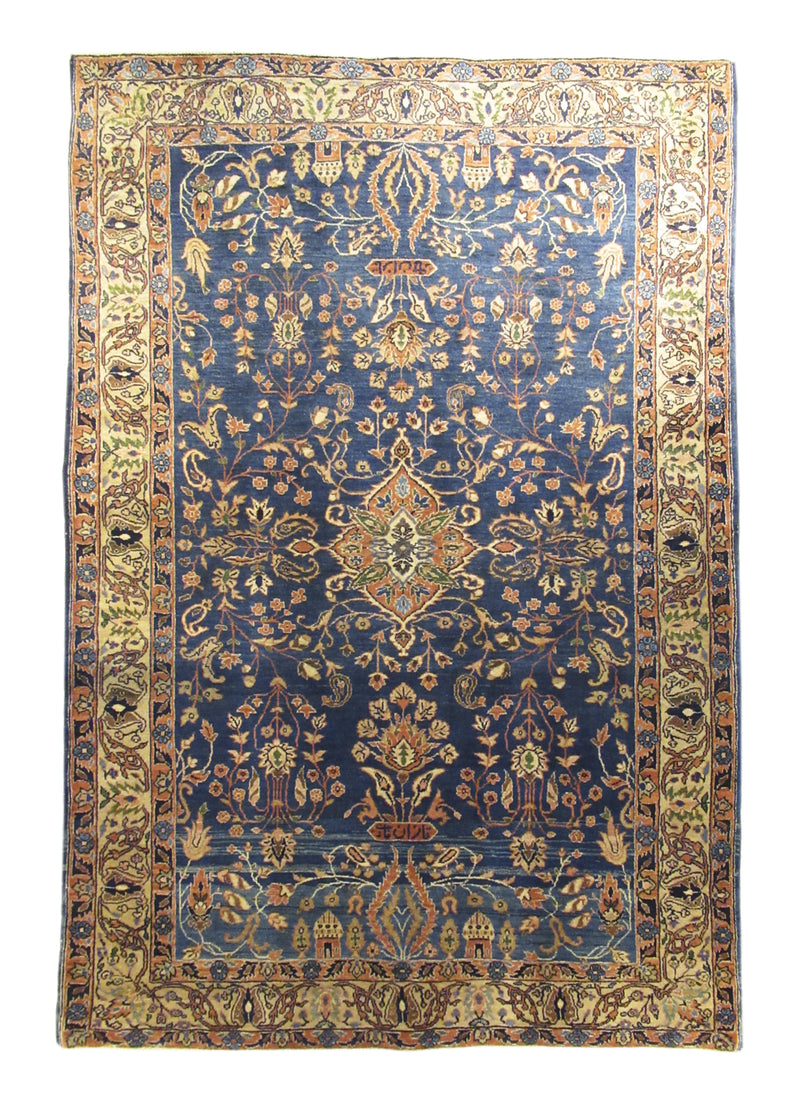 Persian Rug Sarouk Handmade Area Traditional Antique 4'5"x6'7" (4x7) Blue Orange Floral Design #A14671