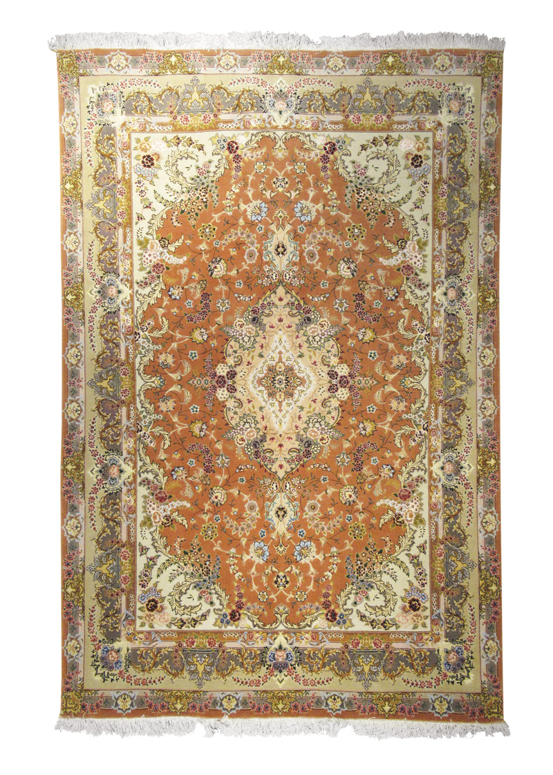 Persian Rug Tabriz Handmade Area Traditional 6'5"x9'9" (6x10) Pink Yellow/Gold Whites/Beige Naghsh Floral Design #A14736