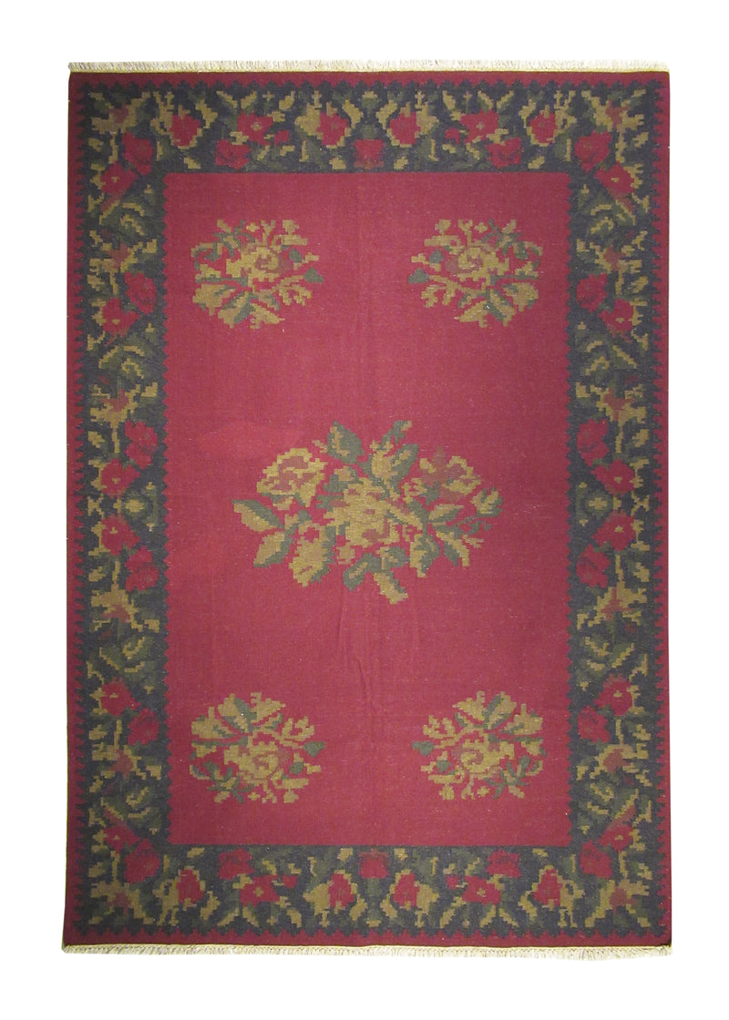 Oriental Rug Indian Handmade Area Tribal 6'2"x9'0" (6x9) Red Black Dhurrie Tea Washed Geometric Design #A14742