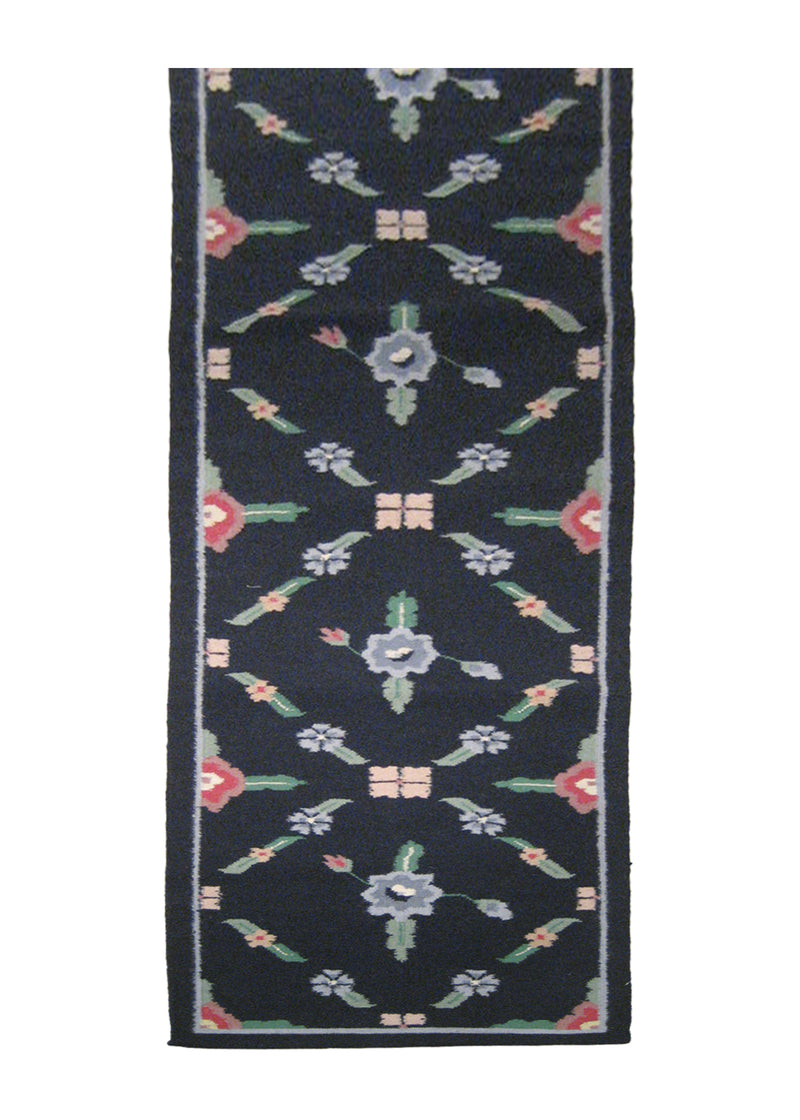 Oriental Rug Indian Handmade Runner Traditional 2'6"x12'0" (3x12) Green Dhurrie Floral Design #A14845
