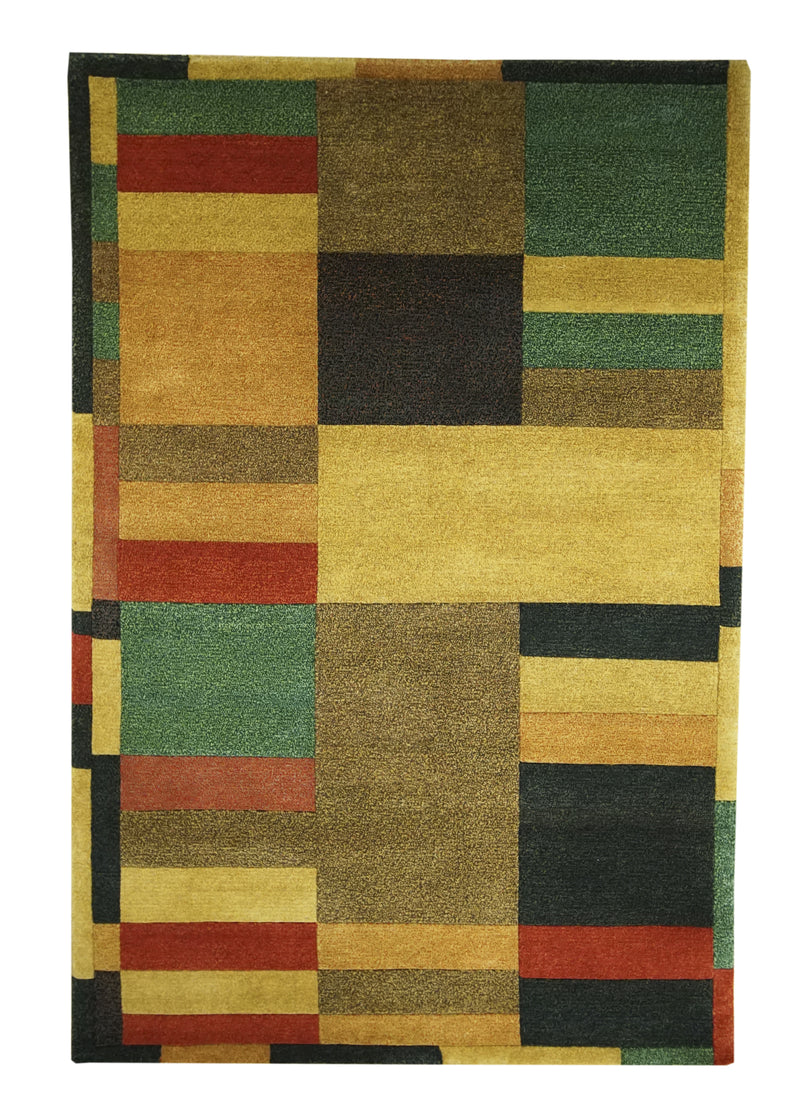 Oriental Rug Indian Handmade Area Modern 4'0"x6'0" (4x6) Multi-color Yellow/Gold Geometric Design #A14890