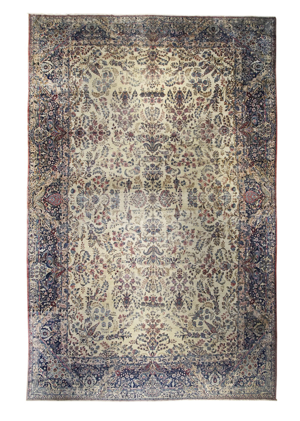 Persian Rug Lavar Kerman Handmade Area Traditional Antique 12'0"x18'8" (12x19) Whites/Beige Pink Blue Floral Design #A14909