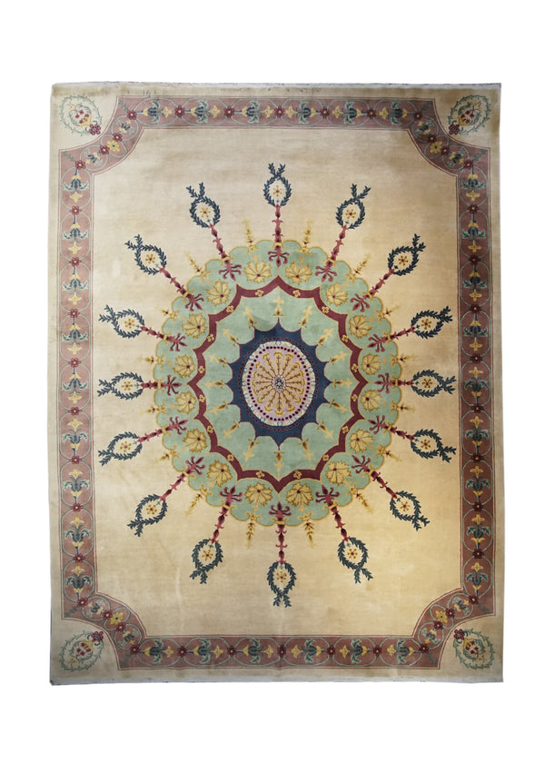 Oriental Rug Chinese Handmade Area Traditional 8'6"x11'6" (9x12) Whites/Beige Purple Green Savonnerie Open Design #A15131