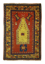 Oriental Rug Turkish Handmade Area Tribal Antique 3'7"x5'4" (4x5) Red Yellow/Gold Prayer Rug Geometric Design #A15932