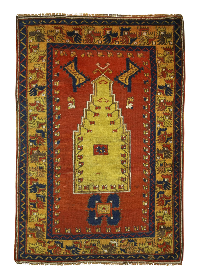 Oriental Rug Turkish Handmade Area Tribal Antique 3'7"x5'4" (4x5) Red Yellow/Gold Prayer Rug Geometric Design #A15932