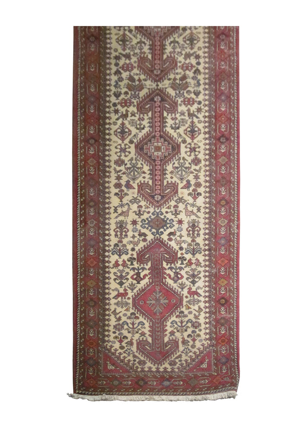 Persian Rug Nasrabad Handmade Runner Tribal 2'8"x13'7" (3x14) Whites/Beige Red Geometric Animals Design #A16027