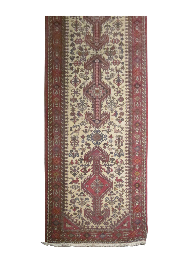 Persian Rug Nasrabad Handmade Runner Tribal 2'8"x13'7" (3x14) Whites/Beige Red Geometric Animals Design #A16027