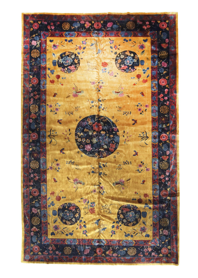 Oriental Rug Chinese Handmade Area Traditional Antique 10'10"x17'5" (11x17) Yellow/Gold Blue Fetti Floral Design #A16140