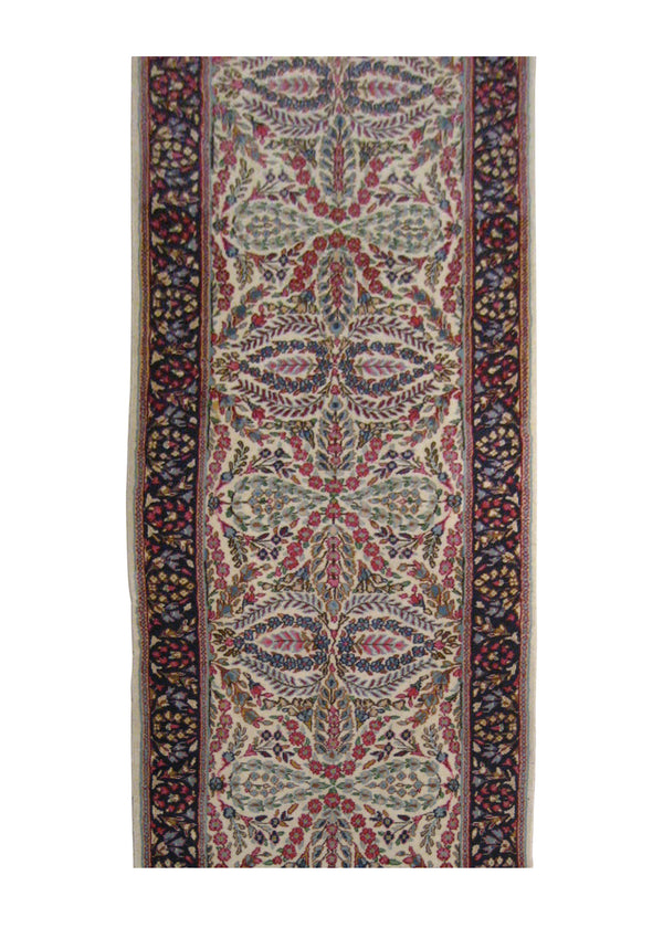 Persian Rug Lavar Kerman Handmade Runner Traditional 3'3"x13'8" (3x14) Whites/Beige Blue Open Design #A16148