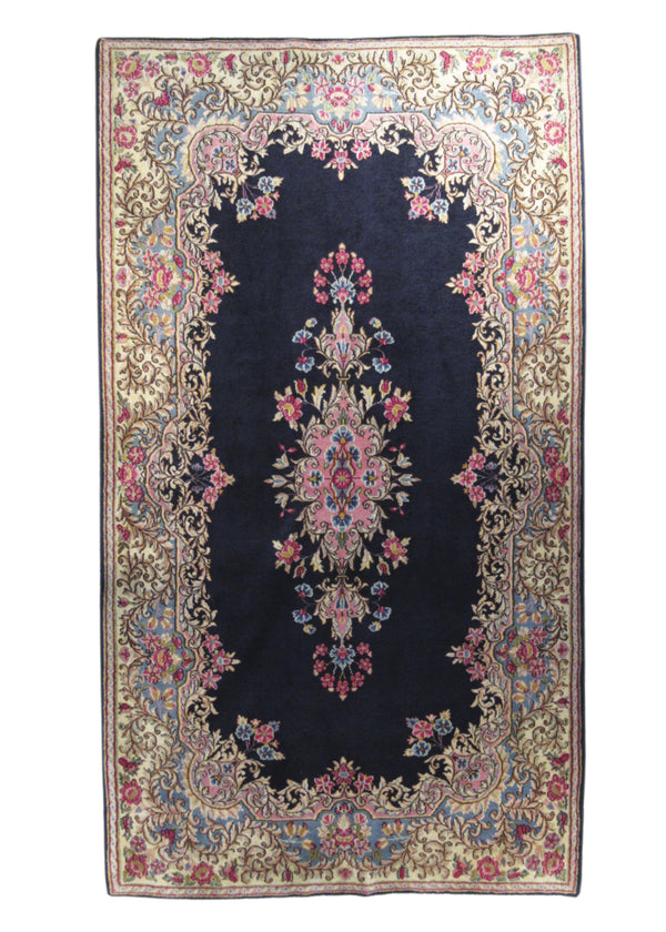 Persian Rug Lavar Kerman Handmade Area Traditional 4'1"x7'1" (4x7) Blue Whites/Beige Pink Open Field Floral Design #A16151