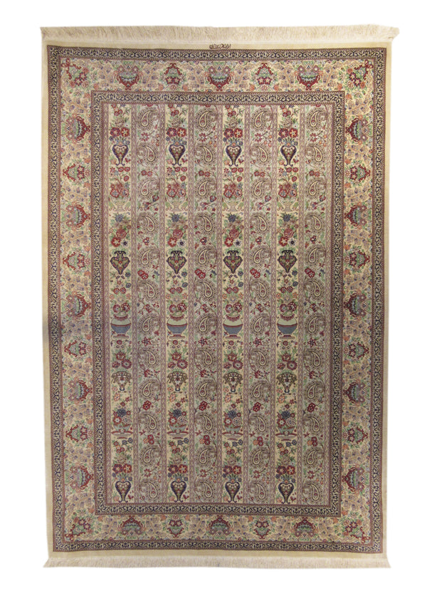 Persian Rug Qum Handmade Area Traditional 4'5"x6'7" (4x7) Whites/Beige Multi-color Vase Floral Paisley/Boteh Design #A16326
