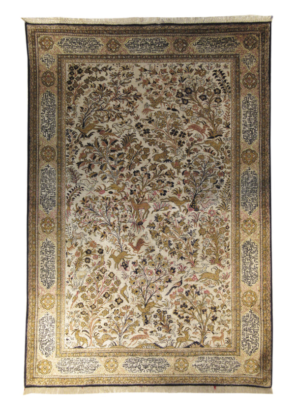 Persian Rug Qum Handmade Area Traditional 4'6"x6'11" (5x7) Whites/Beige Yellow/Gold Tree of Life Animals Design #A16327