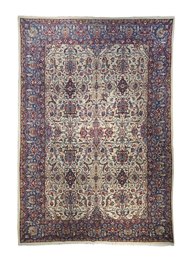Persian Rug Lavar Kerman Handmade Area Traditional Vintage 8'1"x11'8" (8x12) Whites/Beige Blue Floral Design #A16543