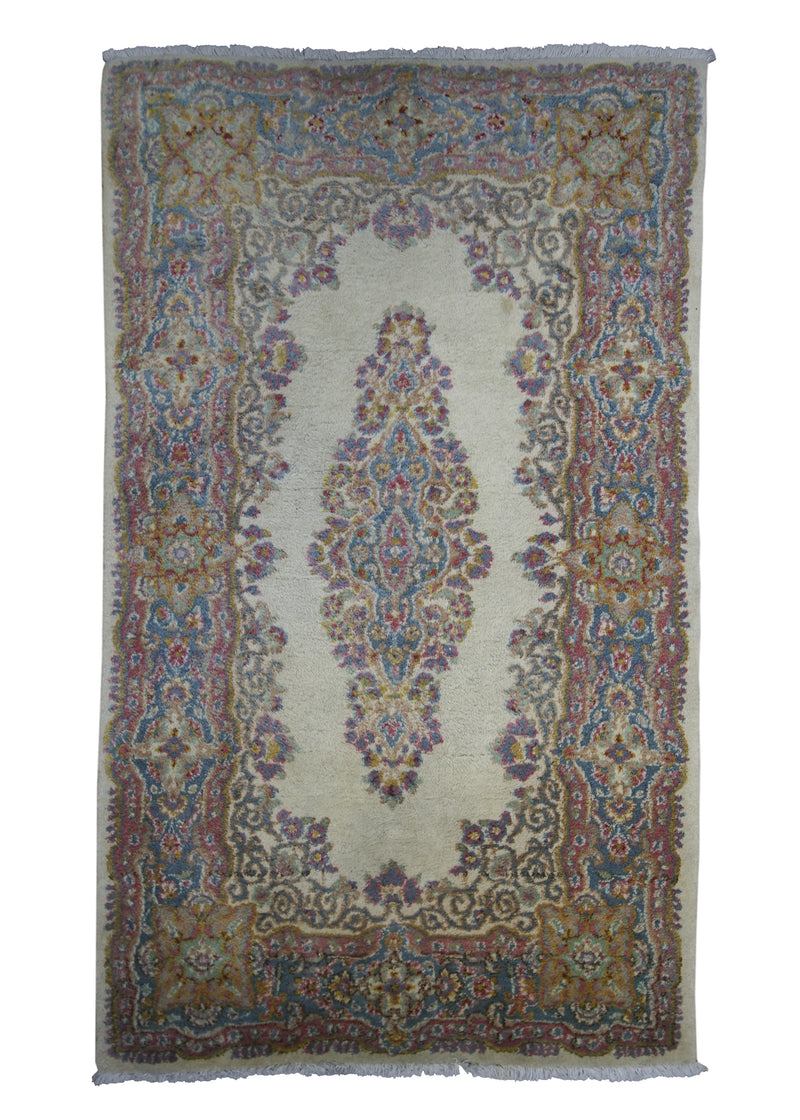 Persian Rug Kerman Handmade Area Traditional 2'11"x4'11" (3x5) Whites/Beige Blue Pink Open Field Floral Design #A17012