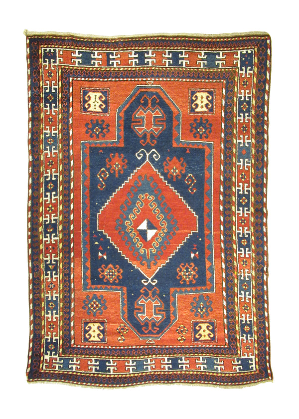 Caucasian Rug Kazak Handmade Area Tribal Antique 4'11"x7'1" (5x7) Red Blue Geometric Design #A17162