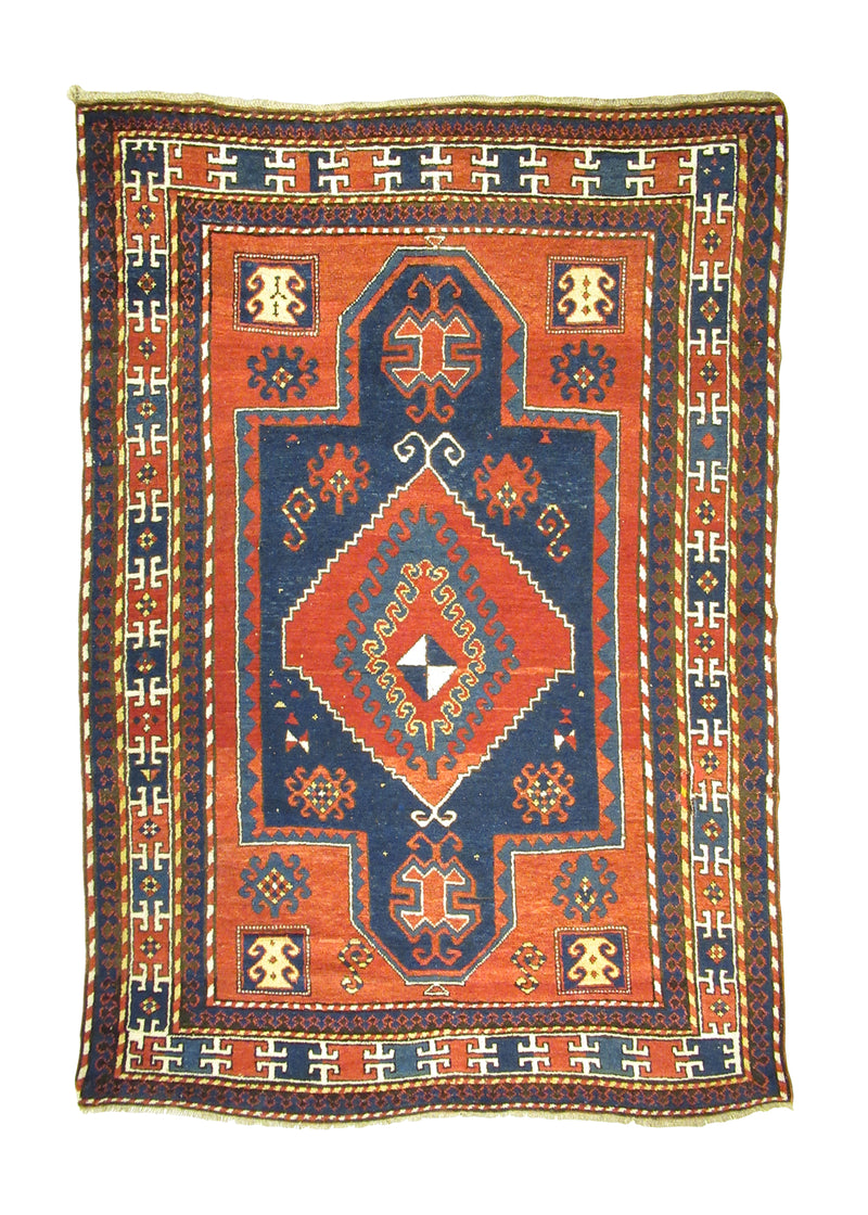 Caucasian Rug Kazak Handmade Area Tribal Antique 4'11"x7'1" (5x7) Red Blue Geometric Design #A17162