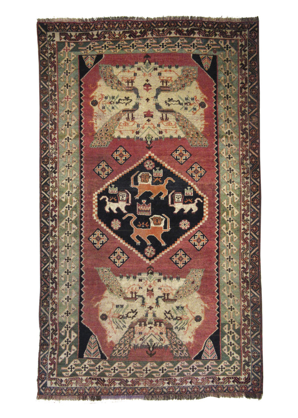 Persian Rug Shiraz Handmade Area Tribal Antique 4'9"x8'3" (5x8) Red Green Geometric Pictorial Animals Design #A17270