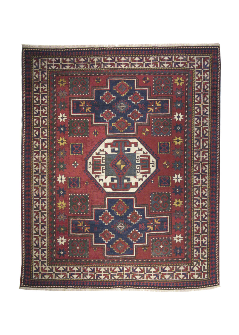 Caucasian Rug Kazak Handmade Area Tribal Antique 6'3"x7'6" (6x8) Red Blue Geometric Design #A17334