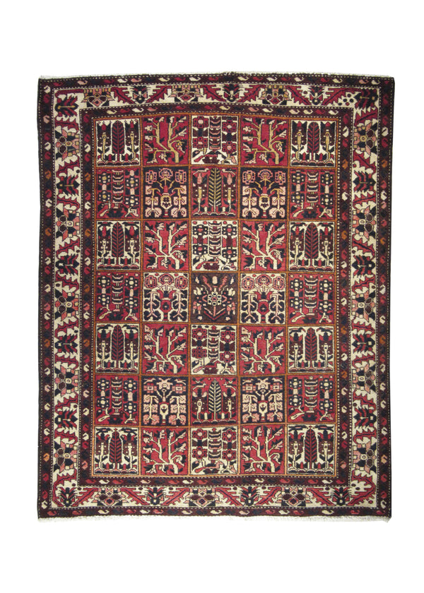 Persian Rug Bakhtiari Handmade Area Tribal Vintage 5'1"x6'6" (5x7) Red Whites/Beige Garden Design #A17479