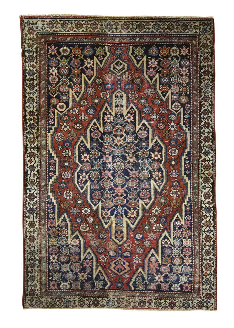 Persian Rug Mazlaghan Handmade Area Tribal 4'1"x4'9" (4x5) Red Blue Geometric Design #A17526