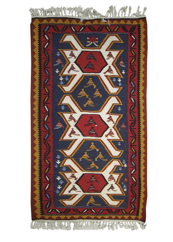 Persian Rug Azerbaijan Handmade Area Tribal 3'4"x5'9" (3x6) Blue Red Yellow/Gold Kilim Geometric Design #A17530