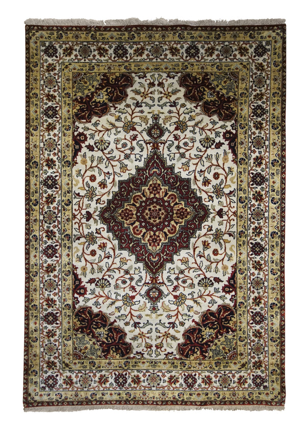 Oriental Rug Indian Handmade Area Traditional 4'1"x5'10" (4x6) Whites/Beige Brown Tea Washed Floral Design #A17643