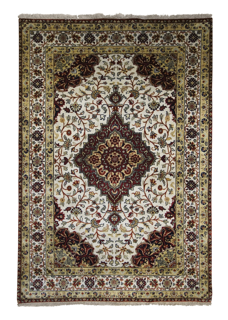 Oriental Rug Indian Handmade Area Traditional 4'1"x5'10" (4x6) Whites/Beige Brown Tea Washed Floral Design #A17643