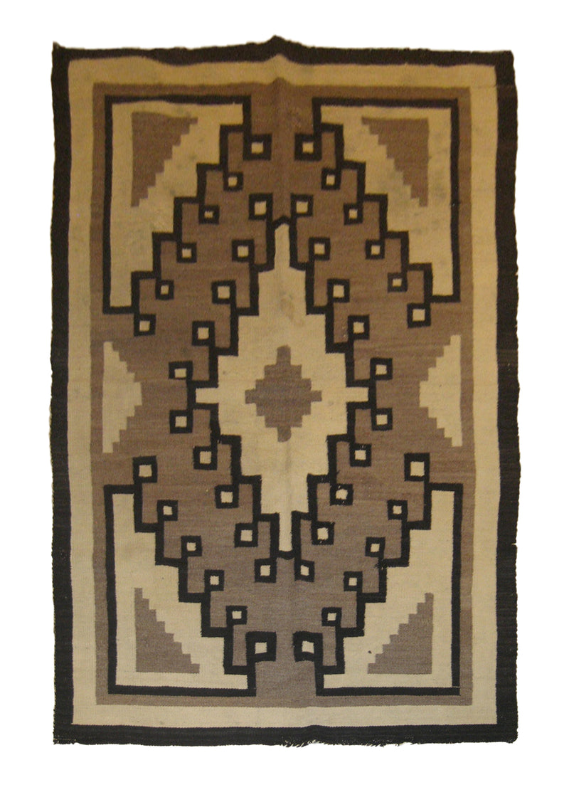 Native American Rug Navajo Handmade Area Tribal Antique 3'6"x5'9" (4x6) Brown Whites/Beige Black Geometric Design #A17899